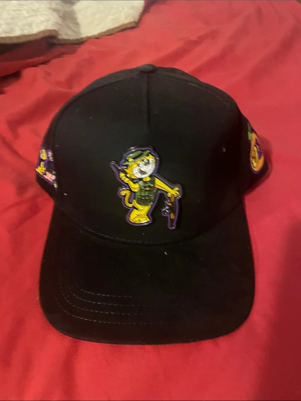 Black Baseball Cap with Cartoon Cat Metal Patch